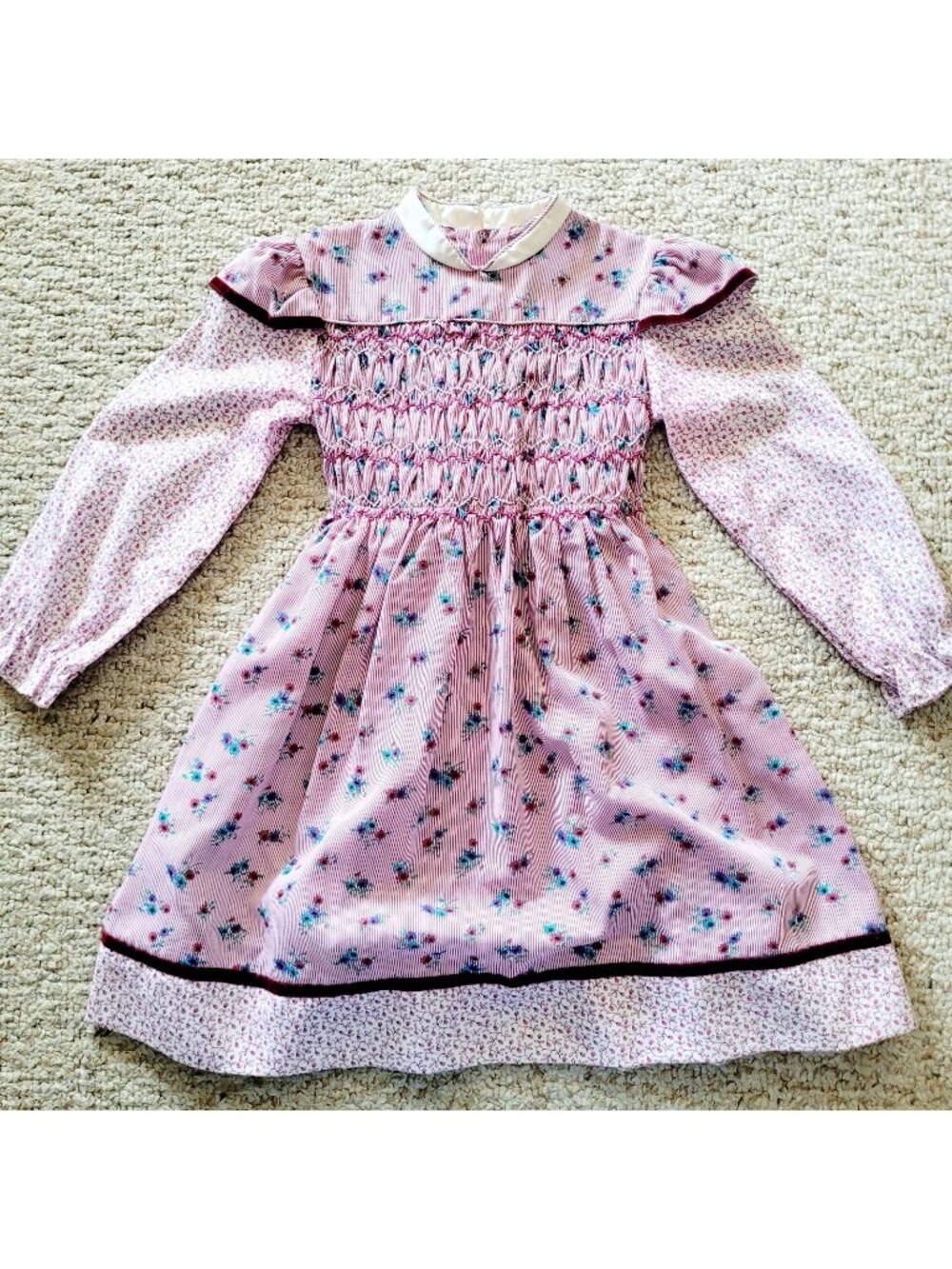 Vintage Polly Flinders Hand Smocked Dress Girls Size 6X Floral Prairie Cottage